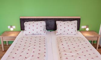A bright bedroom with a green background. Two single beds with checkered bedspreads and nightstands.