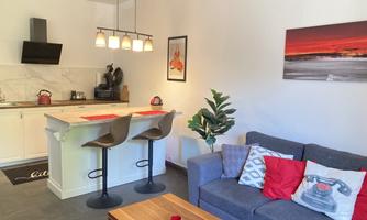 A modern kitchen with bar stools and a cozy living room. The decor is stylish with red accents and decorated with plants.