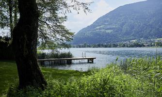 A calm lake surrounded by trees and green grass. A pier leads into the water with a view of the surrounding mountains.