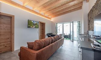 A modern living room with a brown couch and wooden beam ceiling. Large windows provide access to a balcony overlooking nature.