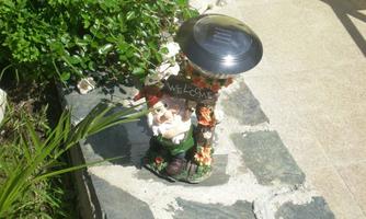 A decorative garden gnome figure with a welcome sign stands in a blooming environment. The gnome is wearing a hat and is surrounded by plants and stones.