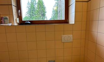 A bathroom with a bidet and a toilet. From a window, there is a view of trees and nature.