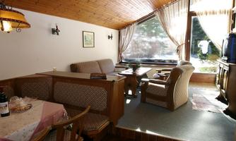 A cozy living space with a wooden ceiling and large windows. The room is furnished with a sofa, a table, and a chair, perfect for relaxing hours.