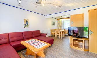 A cozy living space with a red couch, a wooden table, and a television. The room is bright and welcoming with a view of a dining area.