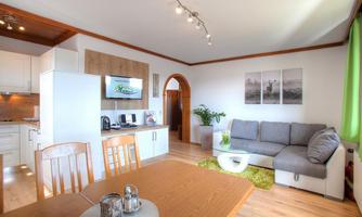 A modern living room with a cozy sofa and a dining table. The bright, inviting atmosphere is enhanced by large windows and plants.