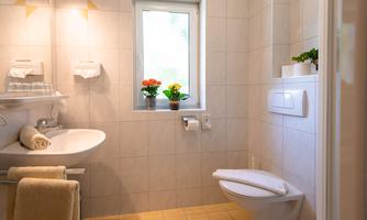 A bright bathroom with a modern toilet and a sink. There are plants on the windowsill and towels are neatly hung.