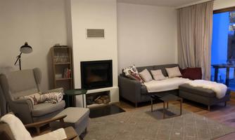 A modern living room with a cozy sofa and an armchair. The fireplace creates a warm atmosphere, and large windows bring in daylight.