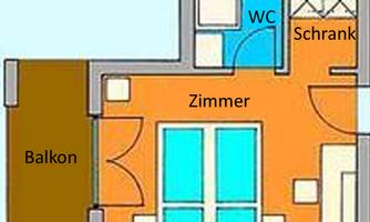 A simple apartment floor plan sketch that shows a room, a bathroom, and a balcony. The bathroom includes a shower and a toilet.