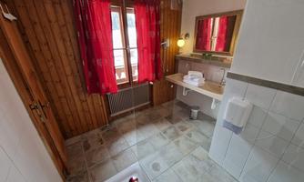 A bathroom with wooden paneling and red curtains. It is bright and modernly furnished, with a shower and a large mirror.