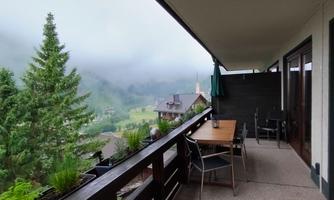 A balcony overlooking a wooded landscape and gentle hills. The atmosphere is calm and foggy.