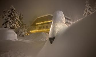 A snowy winter landscape with a illuminated building in the background. The environment is characterized by deep snow and fir trees.