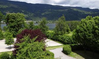 A green landscape with lush trees and a calm lake in the background. The clouds hang low over the mountains.