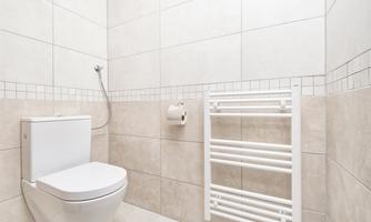 A modern bathroom with a white toilet and a towel radiator. The walls are decorated with light tiles.
