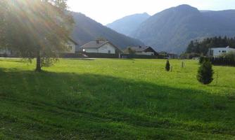 A peaceful landscape with green meadows and gentle hills in the background. In the foreground, there are a few houses and a small tree.