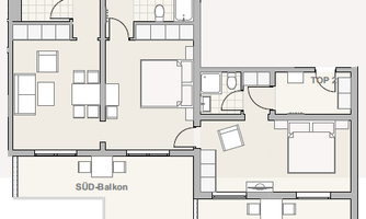 A simple floor plan drawing of an apartment with two bedrooms, a kitchen, and two balconies. The rooms are clearly structured and well arranged.