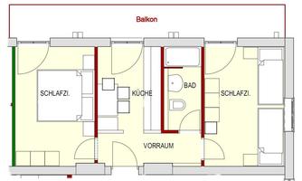 An apartment floor plan with a balcony. The rooms include a bedroom, kitchen, bathroom, and an entrance hall.