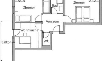 The picture shows a floor plan of an apartment with several rooms, a bathroom, and a living kitchen. There is also a balcony attached to the apartment.