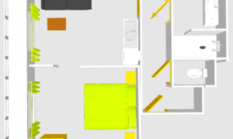 A floor plan of a room with various furniture in simple colors. The areas are clearly structured, including a bathroom.