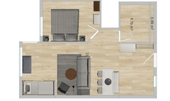A modern apartment with an open layout. The living area is furnished with a cozy sofa and a dining table.