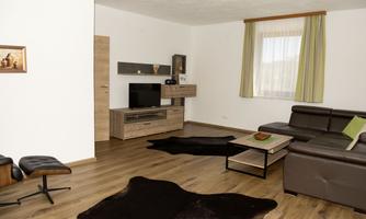 A modern living room with a cozy sofa and a television. The floor is made of wood and a black carpet lies in the room.