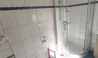 A modern bathroom with a shower, toilet facility, and tiles in light colors. Daylight illuminates the room through the shower.