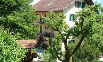 A charming building surrounded by green trees and a well-maintained garden. The sun is shining and the sky is clear.
