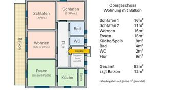 An apartment floor plan with balcony shows the layout on the upper floor. The area totals 82 m², including bedroom, living room, kitchen, and bathroom.