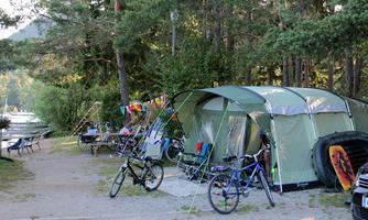 A cozy campsite by the water with a large tent and bicycles. Surrounded by trees and chairs, the site offers a relaxed atmosphere.