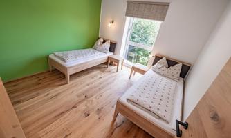 A cozy room with two single beds and a green accent wall.  
Large windows let in a lot of natural light.