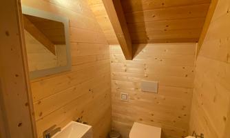 A stylish bathroom with wood paneling and a sloped roof. It features a modern toilet, a sink, and a mirror.