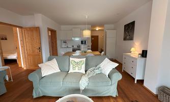 A cozy apartment with a bright living room and a modern kitchen. The space is furnished with a comfortable sofa and wooden flooring.