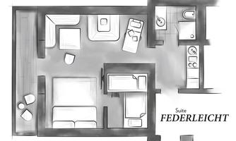 A schematic representation of the suite "Featherlight". The graphic shows the layout of the bedroom, living room, and kitchen.