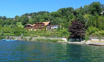 A beautiful view of a green shore with several houses. The water is clear and reflects nature.