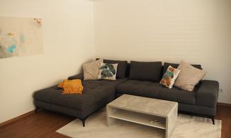 A modern living room with a gray couch and colorful cushions. A stylish coffee table on a carpet completes the decor.