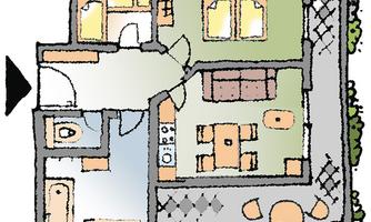 A simple floor plan diagram of a house with several rooms. It shows a kitchen, a living room, a bathroom, and a dining area.