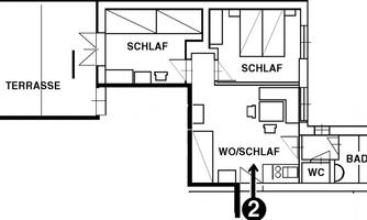 The image shows a floor plan of an apartment with several rooms. There are two bedrooms, a bathroom, and a terrace.