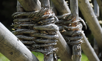 A close-up view of intertwined wooden stakes, securely connected to each other. The surface shows the age and natural texture of the material.