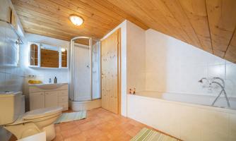 A modern bathroom with a sloping roof. It features a shower, a bathtub, and a bright wood tone.