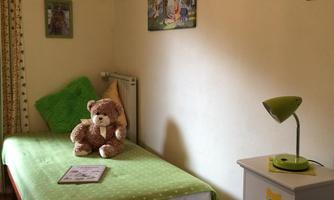A cozy room with a single bed and a green bed cover. On the bed lies a teddy bear and next to it stands a green lamp.