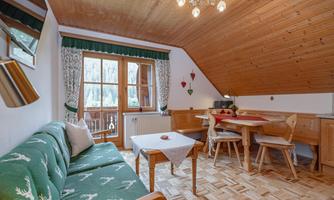 A cozy holiday apartment with a wooden ceiling and parquet floor. The living area is furnished with a green sofa, a dining table, and large windows.