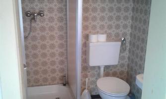A simple bathroom with a shower, toilet, and sink. The walls are decorated with a classic pattern.