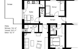 An apartment floor plan with a total of four rooms, a kitchen, and a balcony. The area is 74.2 m².