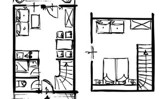A sketch of a floor plan with two rooms, a bathroom, and furniture arrangements. The floor plan is presented in a simple, hand-drawn style.