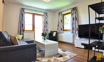 A modern living room with a gray sofa and a white coffee table. Large windows let in plenty of daylight, and a television stands on a black shelf.