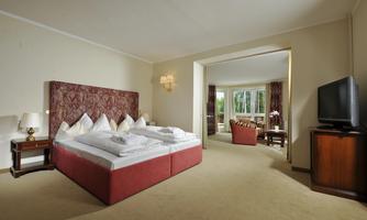 An elegant hotel room with a large bed and cozy furnishings. The room is bright and offers a beautiful view of the outdoor area.