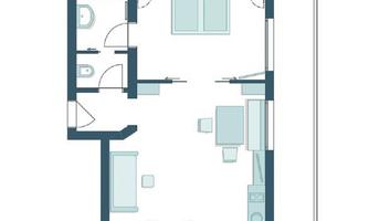 A clear floor plan representation of an apartment. The rooms are clearly arranged and include a living room, two bedrooms, and a bathroom.