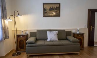 A cozy living room with a gray sofa and a subtle cushion. On the wall hangs a picture of a landscape, and next to the sofa are a floor lamp and a small table.