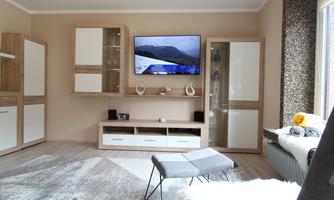 A modern living room with a TV on the wall and elegant furniture. The room is bright and cozy, with a large rug and decorative accessories.