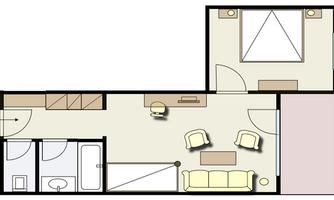 A floor plan drawing of an apartment. It shows a bedroom, a living room, and a bathroom with some furniture.