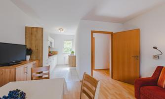 A modern apartment with an open living area. There is a small kitchen, a dining area, and a cozy sofa.